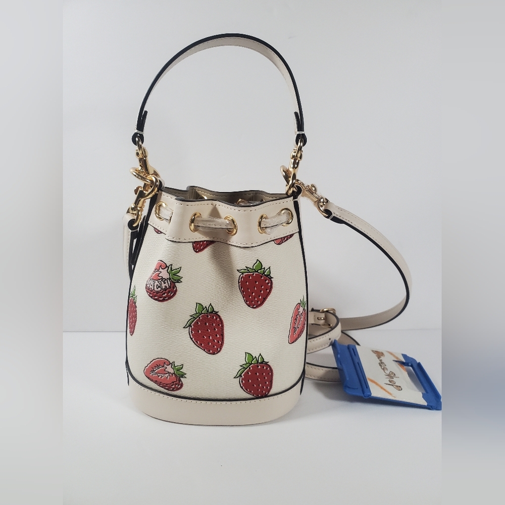 NWT COACH Mini Bucket Bag Strawberry Print  Gold/Chalk Multi